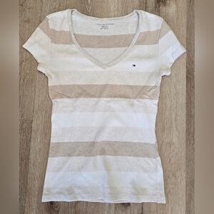 Tommy Hilfiger Women's Short Sleeve Striped Tee - White and Tan, Size: XS
